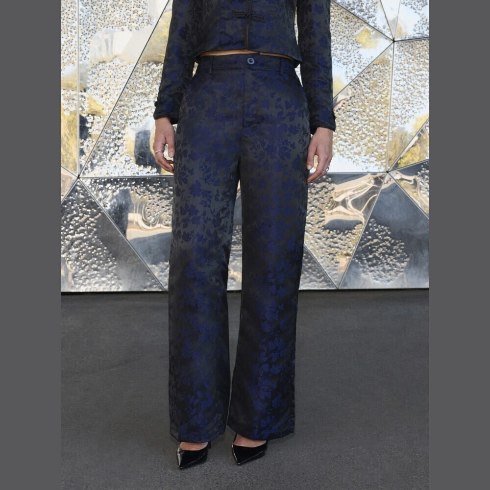 Navy Blue Floral Jacquard High Waist Wide Leg Trousers